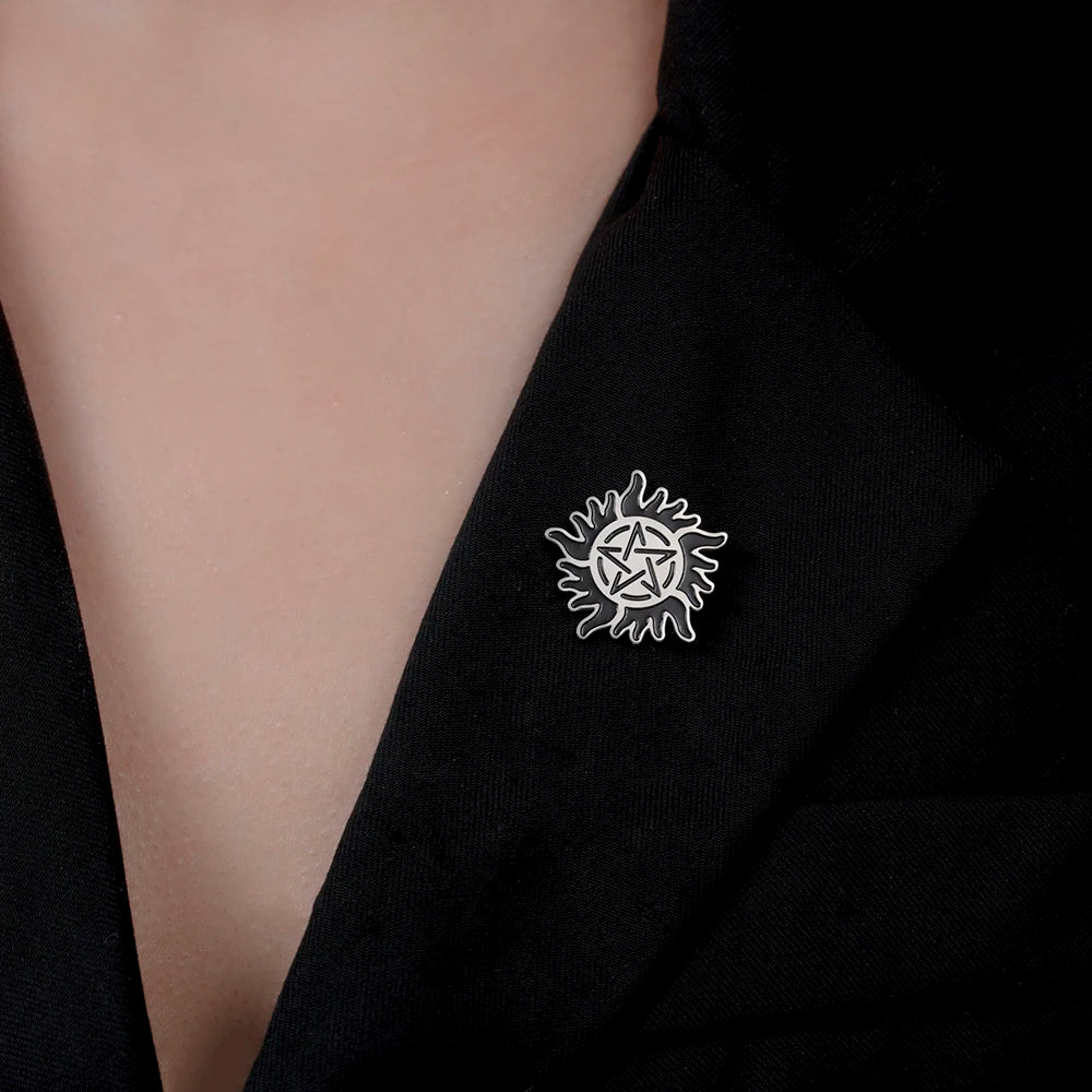Dawapara Supernatural Anti Possession Symbol Brooch Pins Sunshine Pentagram Protection Amulet Stainless Steel Jewelry