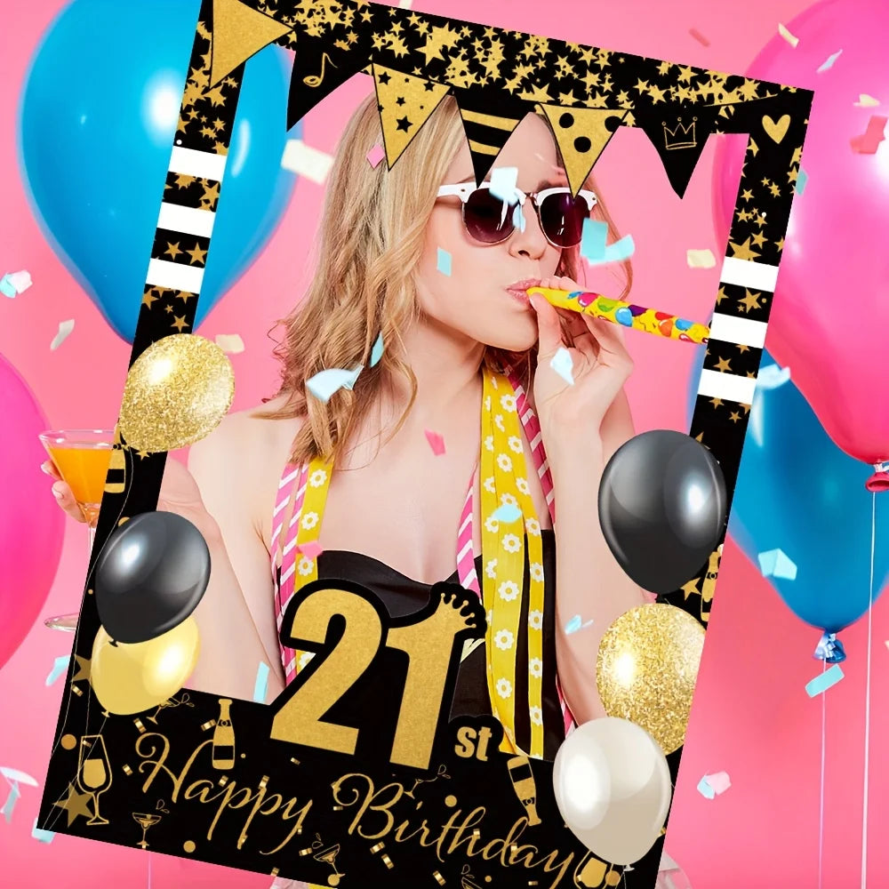 Black Gold Happy Birthday Photo Booth - 18, 21, 30, 40, 50, 60 years old. Party decoration supplies for people aged 70 and 80