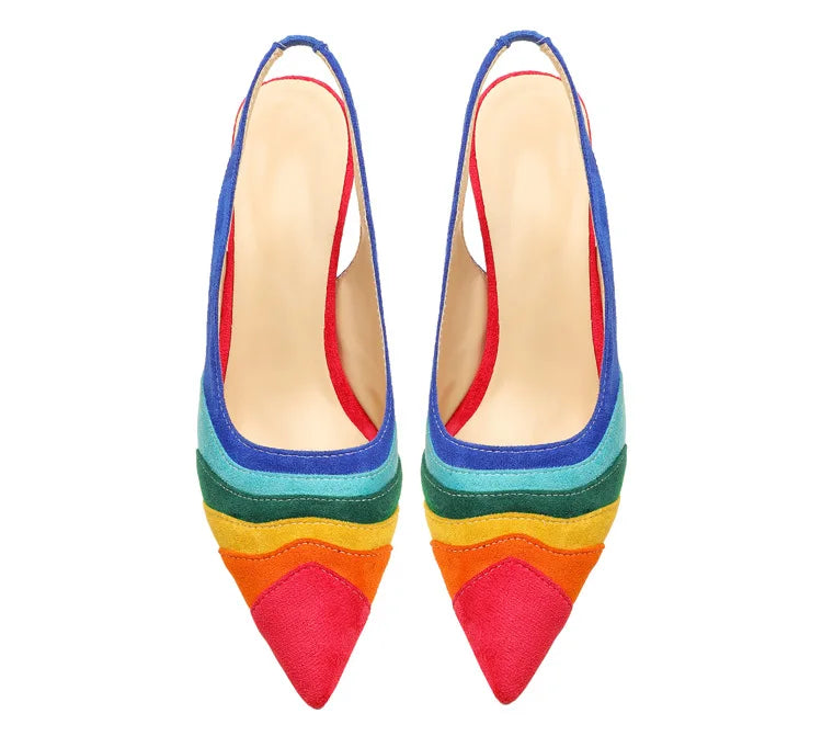 Summer New Rainbow Mixed Color 8cm High Heel Sandals  Women's French Pointed Shallow Mouth Runway Banquet Wedding Shoes size 43