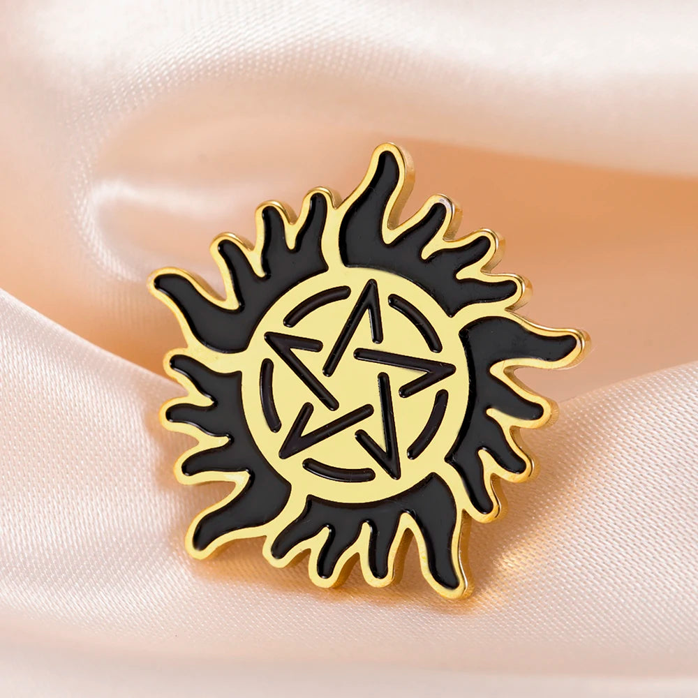 Dawapara Supernatural Anti Possession Symbol Brooch Pins Sunshine Pentagram Protection Amulet Stainless Steel Jewelry