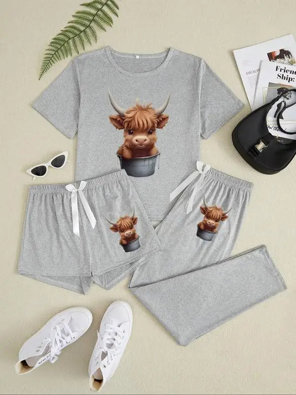 Women's Cartoon Highland Cow Print Pajama Set, 3 Piece Sleepwear Collection, Casual Fitted Nightwear for All Seasons