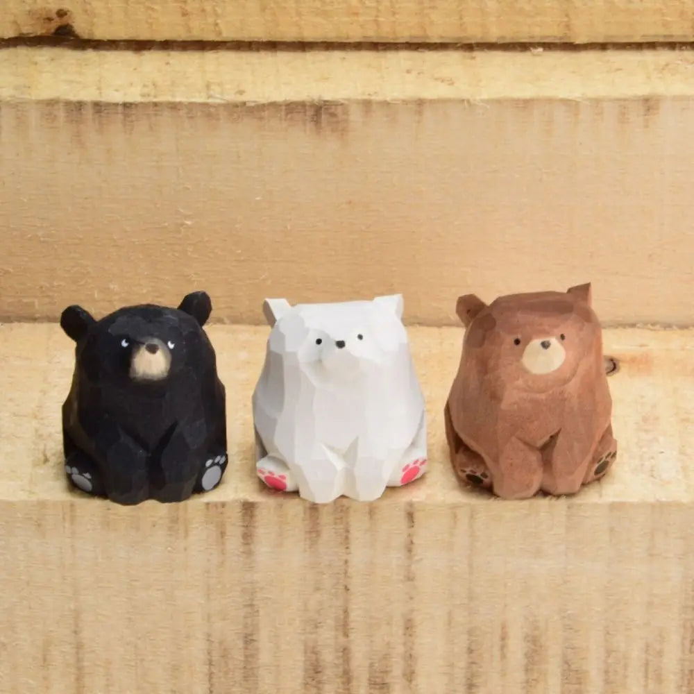 Animal Sculptures Solid Wood Wooden Bear Figurines Hand Carved Realistic Polar Bear Ornament Cute Funny Mini Bear Statue Car