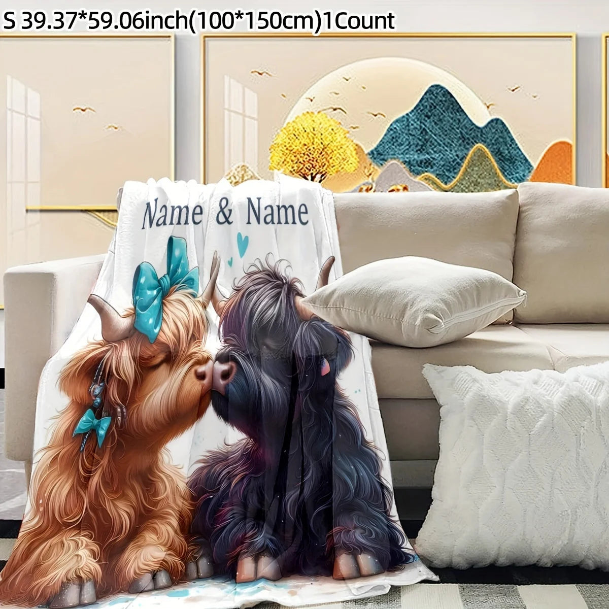Customized name highland cow blanket personalized text, comfortable flannel blanket suitable for all seasons