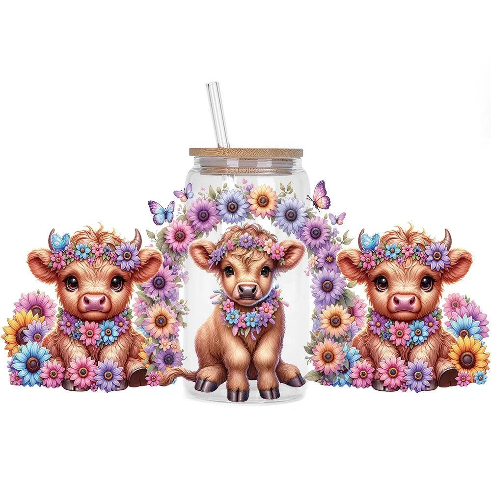Highland Cattle Baby 16oz UV DTF Sticker Cup Personalize UV Wrap Label DIY Logo Self Adhesive Cow Design 3D Transfer Sticker