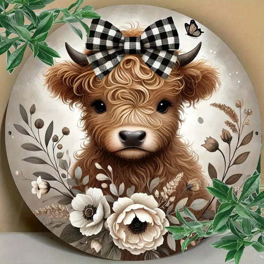1Pc Round Wooden Highland Cow Sign - Floral Wreath Checkered Bow Tie Decor for Home/Kitchen/Garden/Office