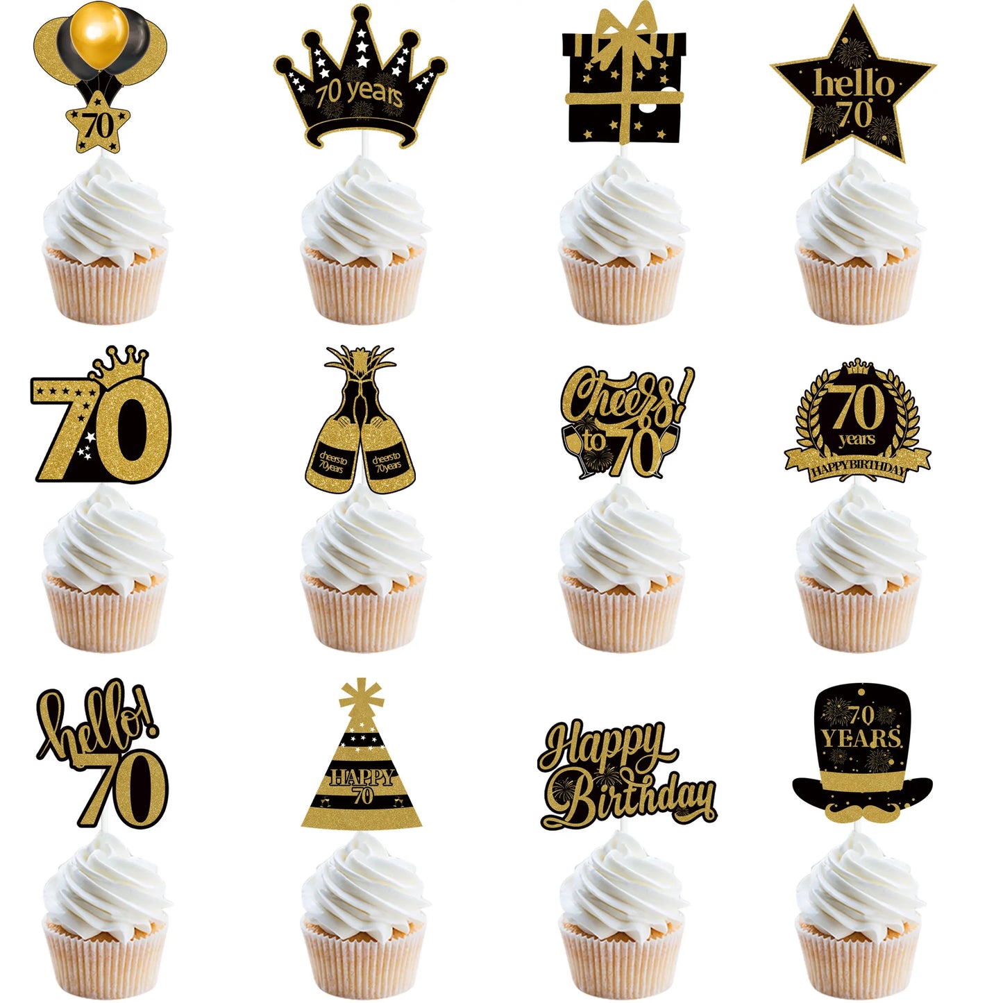 18 21 30 40 50 60 70 80th Black Gold Birthday Party Adult Cupcake Topper 30 40 50 Years Old Birthday Party Decor Anniversary