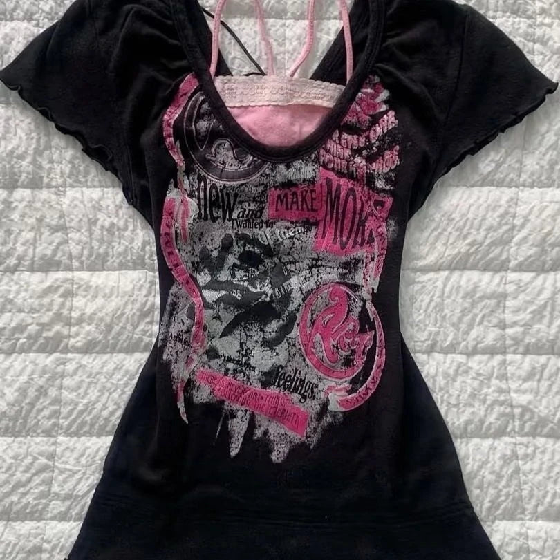 Gothic T shirt Pink Femme Short sleeve Streetwear Hip Hop Vintage 90s Clothes Women T shirts Graphic Tee Y2k Aesthetic Crop Top
