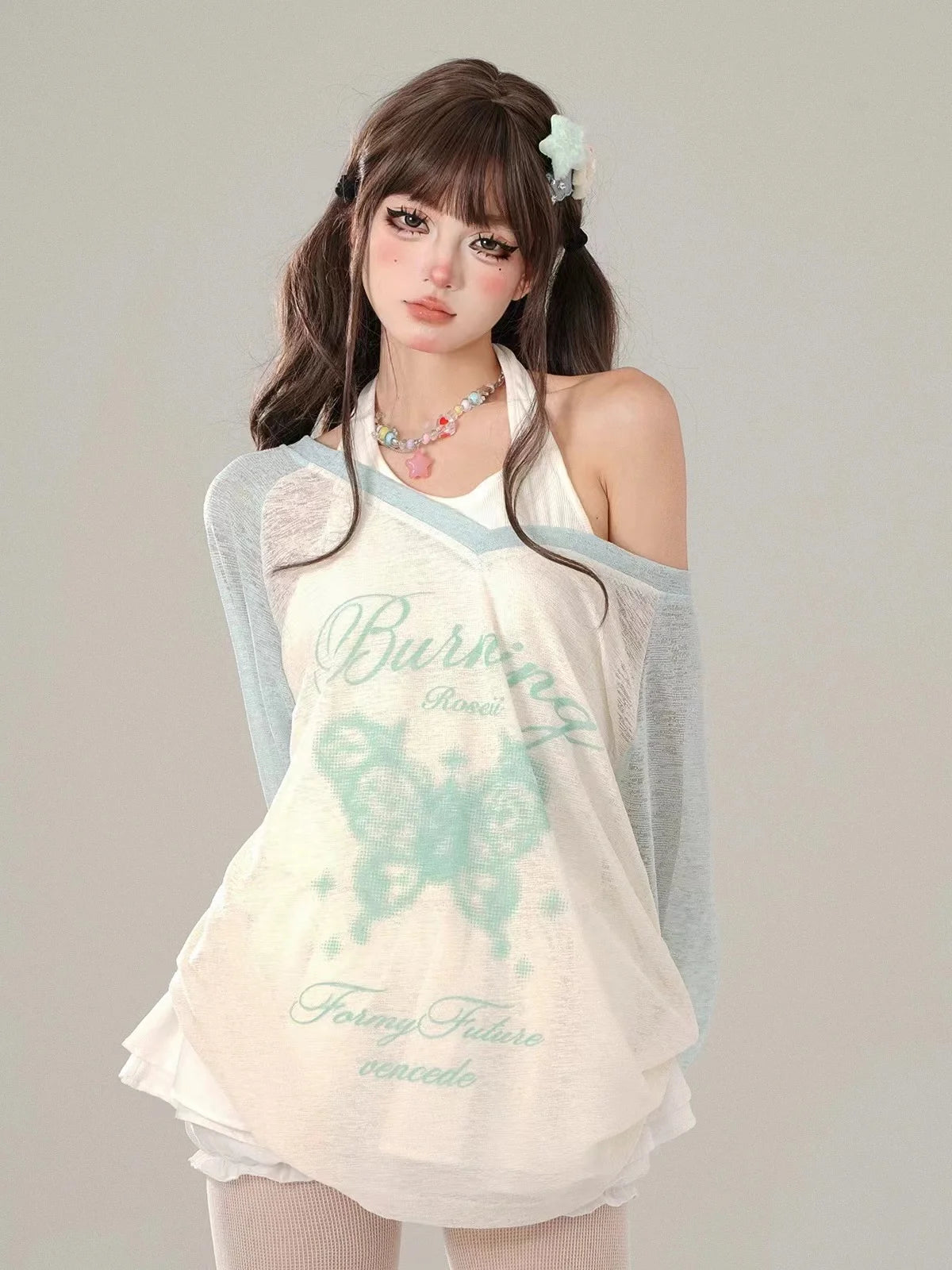 Black Gothic Graffiti Print T-shirt Women Harajuku Korean Y2k 90s Vintage Long Sleeve Emo Torn Tees Tops Autumn Clothes 2000s