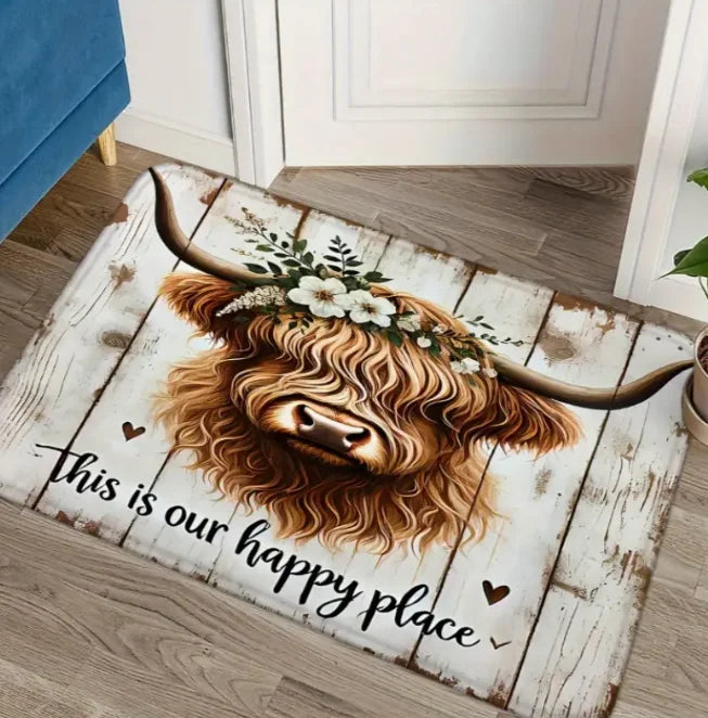 Enchanting Highland Cows Welcome Door Mats Rustic Wooden Board Flowers Entrance Bathroom Bedroom and Living Room Cow Decoration