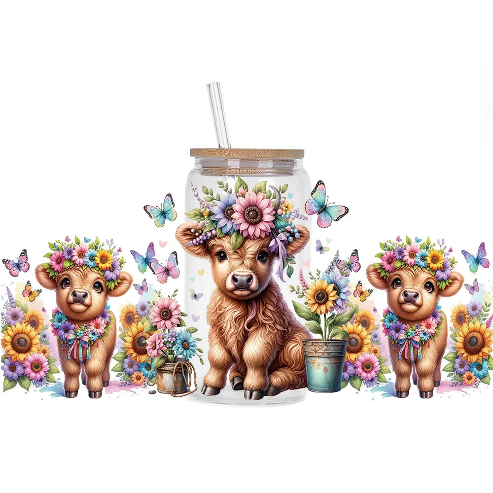 Highland Cattle Baby 16oz UV DTF Sticker Cup Personalize UV Wrap Label DIY Logo Self Adhesive Cow Design 3D Transfer Sticker