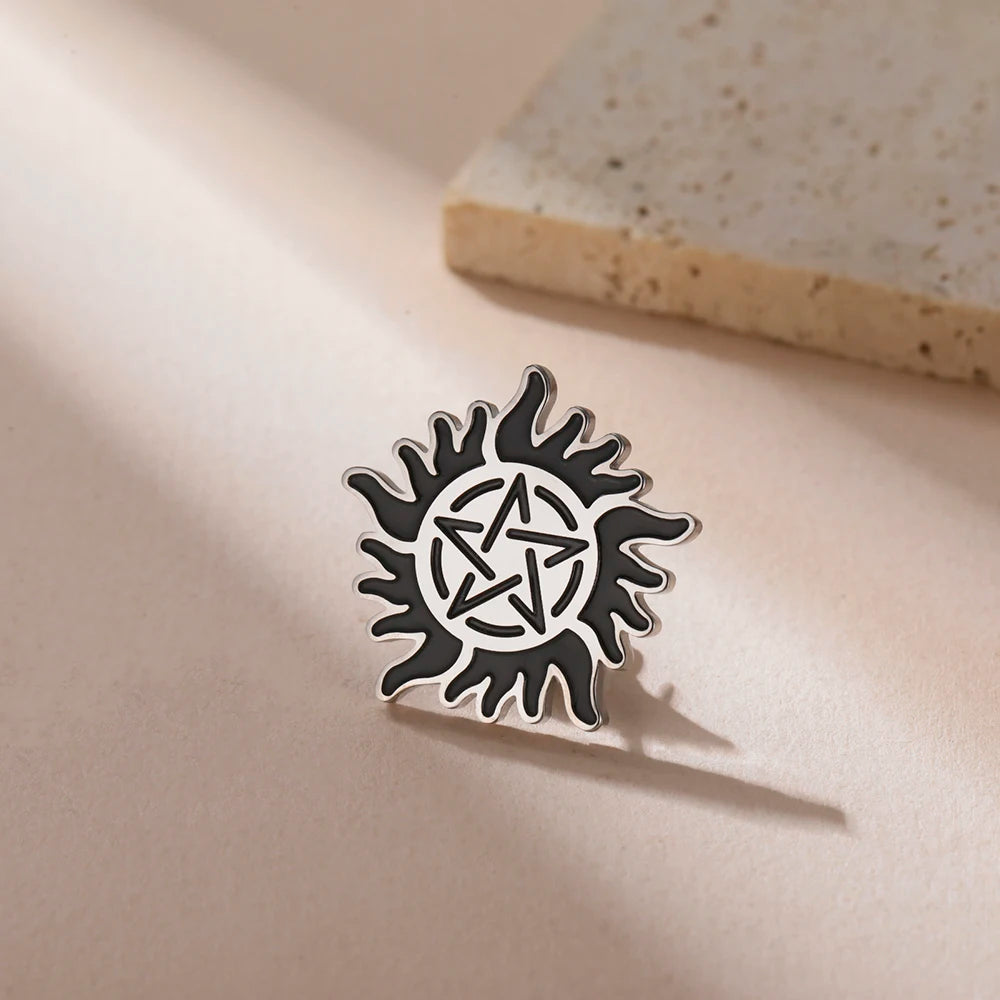 Dawapara Supernatural Anti Possession Symbol Brooch Pins Sunshine Pentagram Protection Amulet Stainless Steel Jewelry