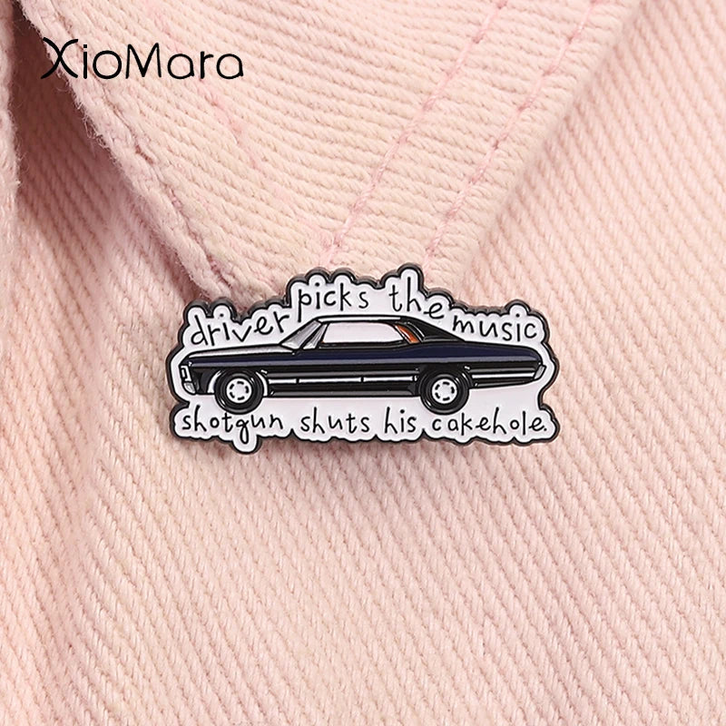 Supernatural TV Show Enamel Pin Driver Picks the Music Gun Shuts His Cakehole Metal Brooch Lapel Badge Jewelry Gift For Friends