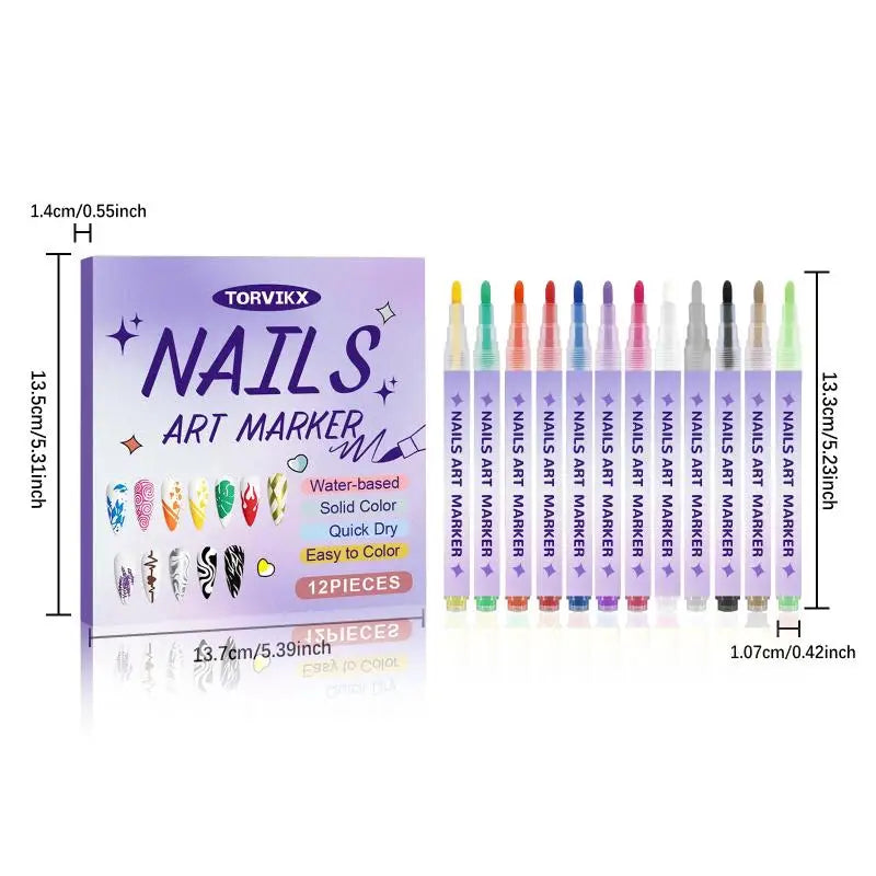 12Pcs Nail Marker Drawing Acrylic Paint Pens Nail Art Graffiti Pen Set Waterproof Nail Painting Manicure Extra Fine 0.5mm