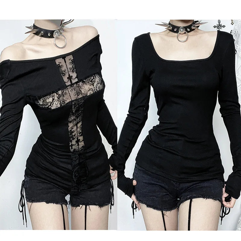 Gothic T-shirt for Women Sexy Hollow Out Mesh Cross Half Turtleneck Black Slim Soft Velvet Long Sleeve  Crop Tops