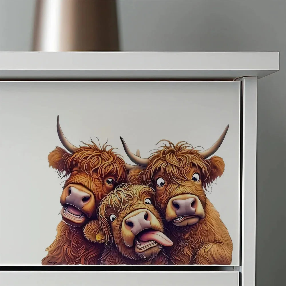 Three Fun and Cute Scottish Highland Cow Vinyl Stickers, Bright Wall for Home, Cabinet, Door,Refrigerator Decoration, Vinyl Car