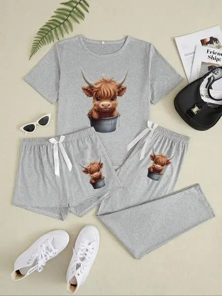 Women's Cartoon Highland Cow Print Pajama Set, 3 Piece Sleepwear Collection, Casual Fitted Nightwear for All Seasons