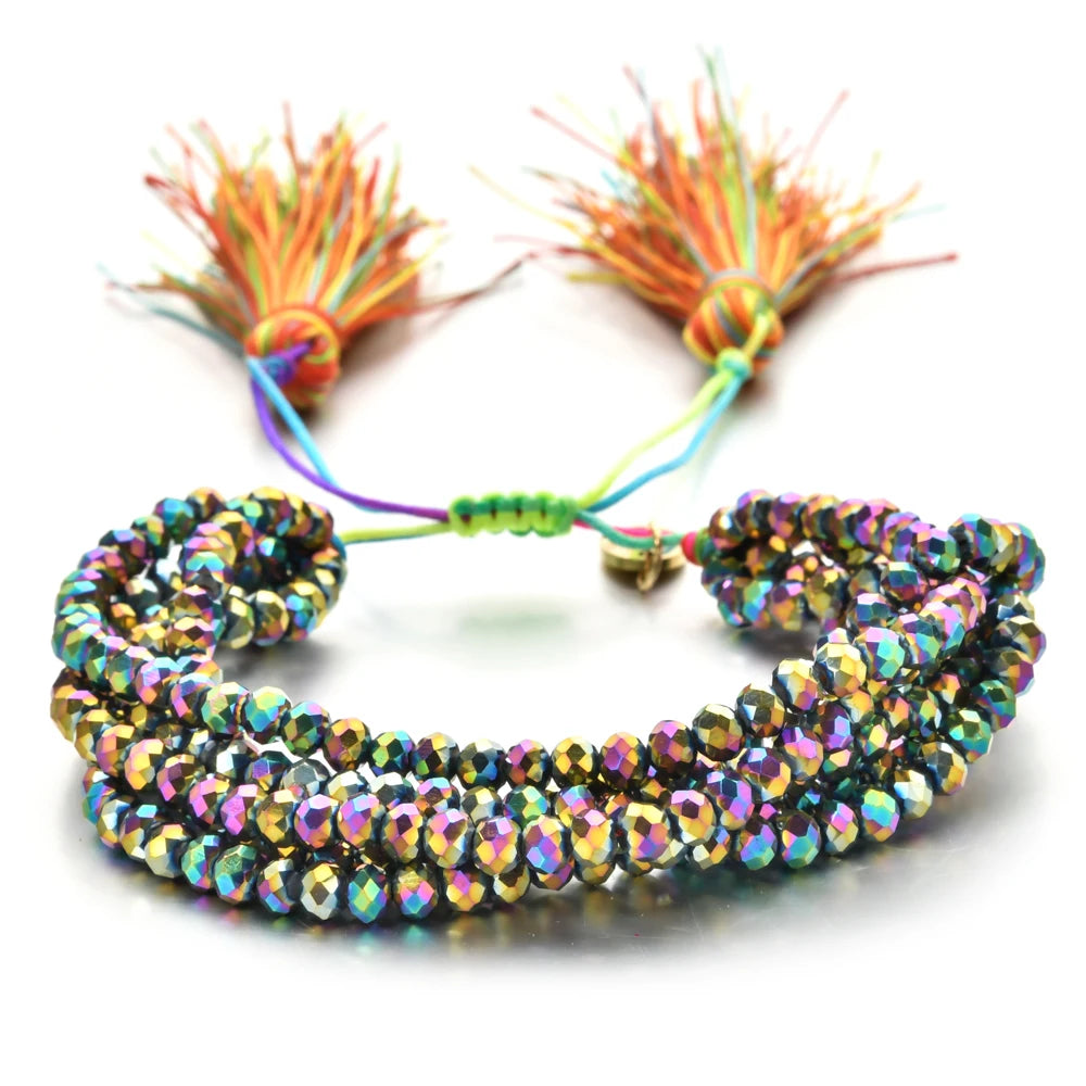 ZMZY Pink Boho Handmade Crystal Bead Bracelets Elastic Glass Beaded Layered Stacked Bracelet Tassel Jewelry Friends Gift