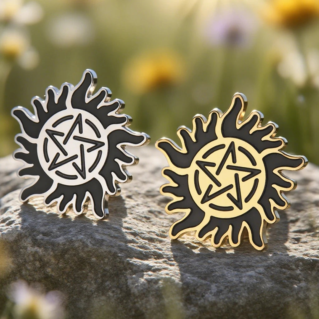 Dawapara Supernatural Anti Possession Symbol Brooch Pins Sunshine Pentagram Protection Amulet Stainless Steel Jewelry