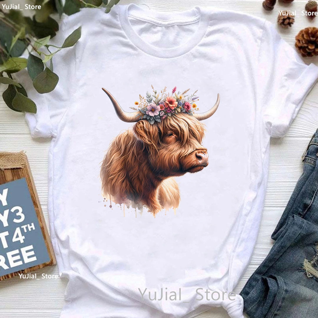 Highland Cow Floral Crown Animal Printed T Shirt Women Clothes 2024 Summer Fashion Tops Tee Shirt Femme Harajuku Shirt