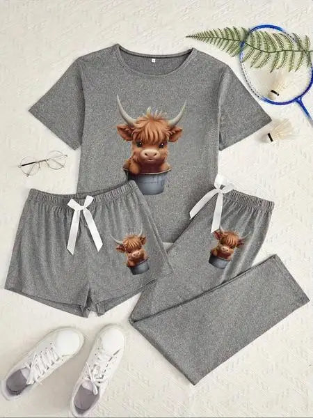 Women's Cartoon Highland Cow Print Pajama Set, 3 Piece Sleepwear Collection, Casual Fitted Nightwear for All Seasons
