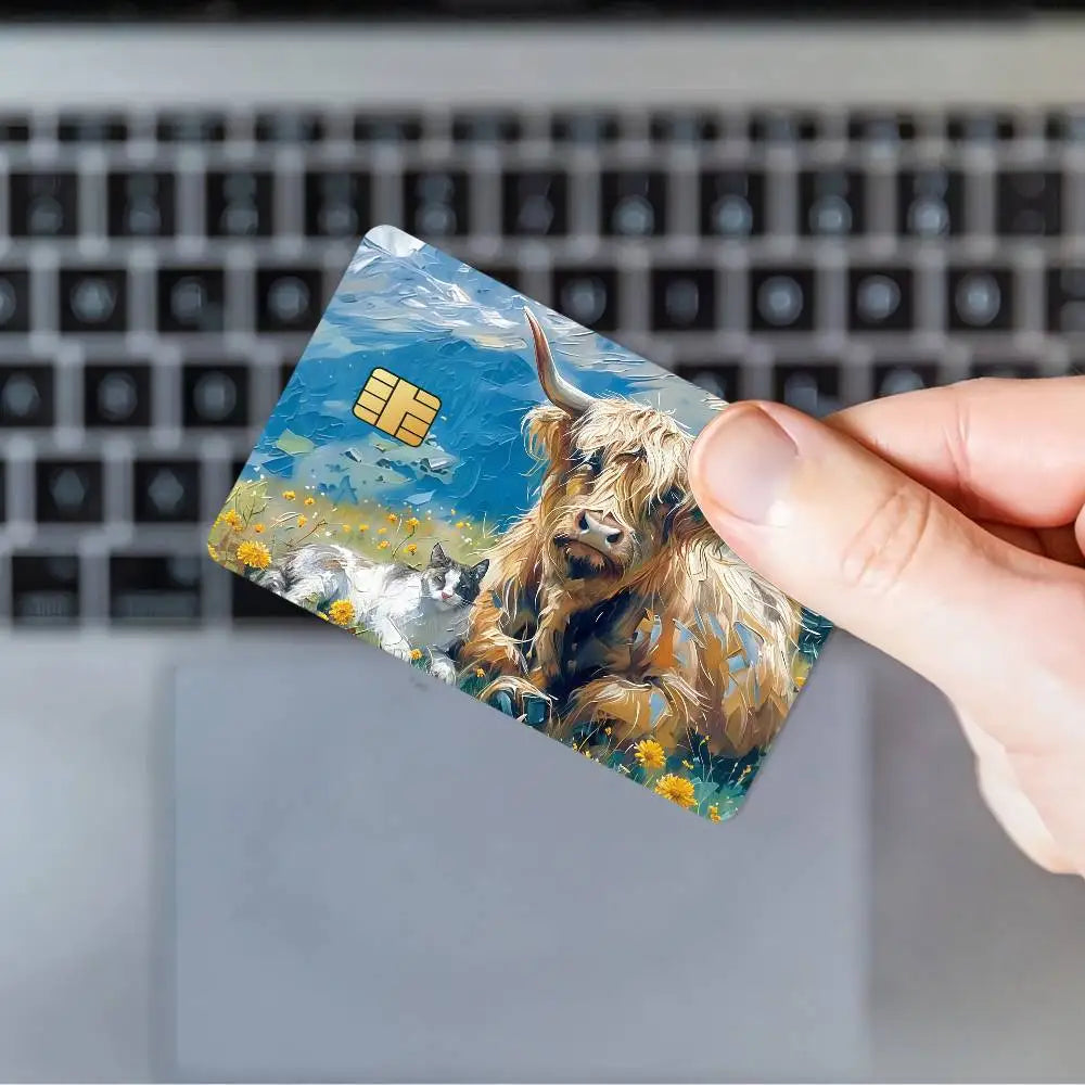 Cute Highland Cow Bank Credit Cards Bus Pass Stickers Cool Decoration Waterproof 4PCS Card