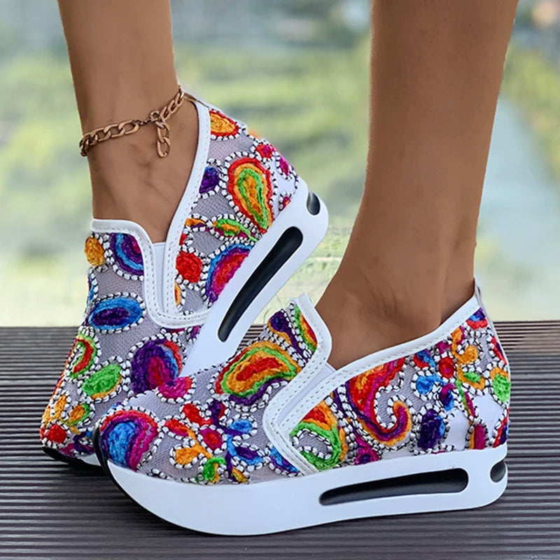 Rainbow Embroidered Platform Loafers for Women Summer Breathable Mesh Sneakers Woman Plus Size Lightweight Slip On Casual Shoes