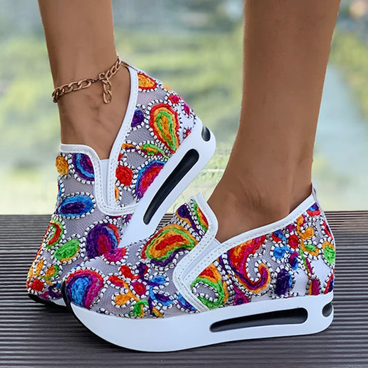 Rainbow Embroidered Platform Loafers for Women Summer Breathable Mesh Sneakers Woman Plus Size Lightweight Slip On Casual Shoes