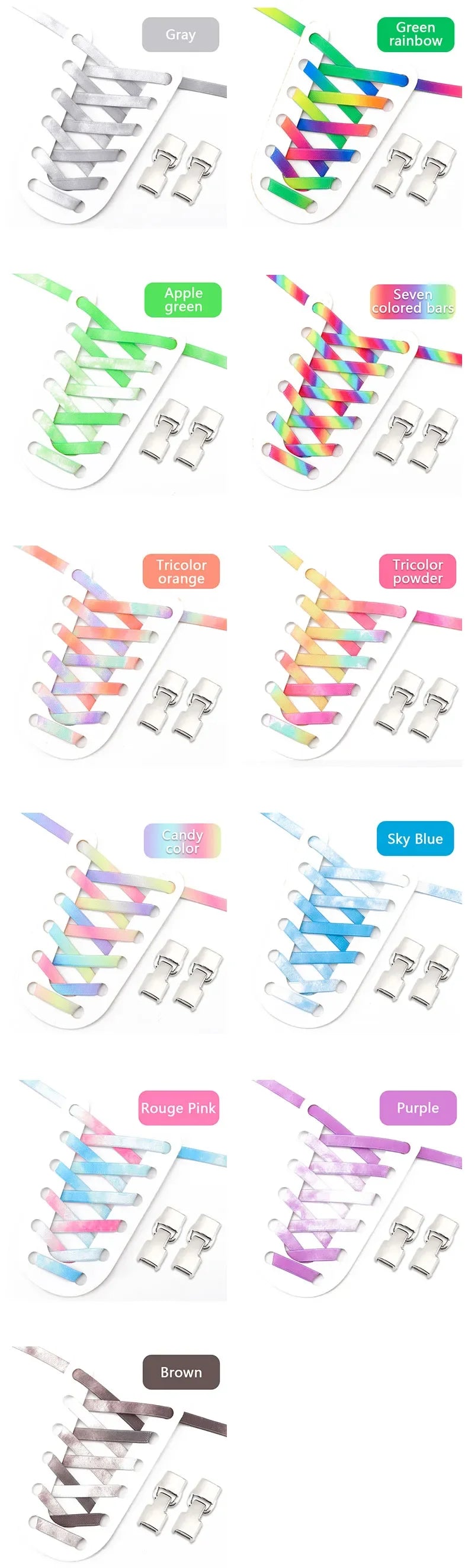 1Pair Rainbow Shoe Laces Without Ties Elastic Shoelaces Metal Buckle Lock Convenient Lazy Shoes Lace For Sneakers Accessories