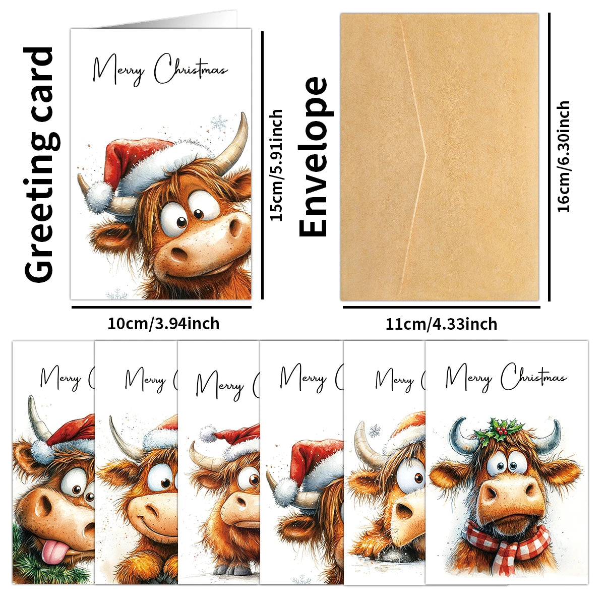 12pcs Christmas Adorable Highland Cow Greeting Cards With Envelope-For Xmas Card Exchanges,Family Gatherings,Office Parties Gift