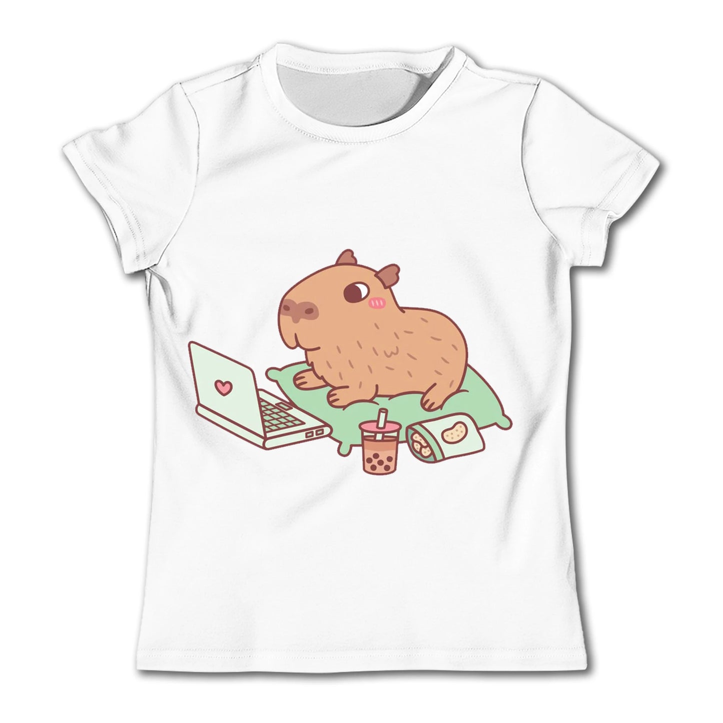 Cute Capybara Loves Bubble Tea print kids T-Shirt summer children's pure cotton short-sleeved casual tops boys and girls gifts