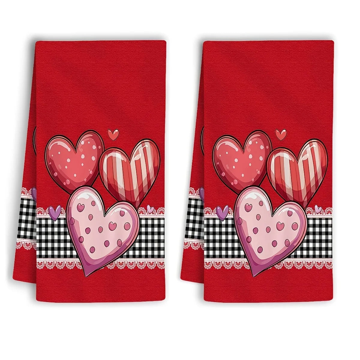2 pieces of Valentine's Day heart-shaped kitchen towels - cute heart-shaped print, suitable for cooking, baking, dish drying