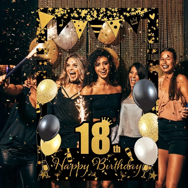 Black Gold Happy Birthday Photo Booth - 18, 21, 30, 40, 50, 60 years old. Party decoration supplies for people aged 70 and 80