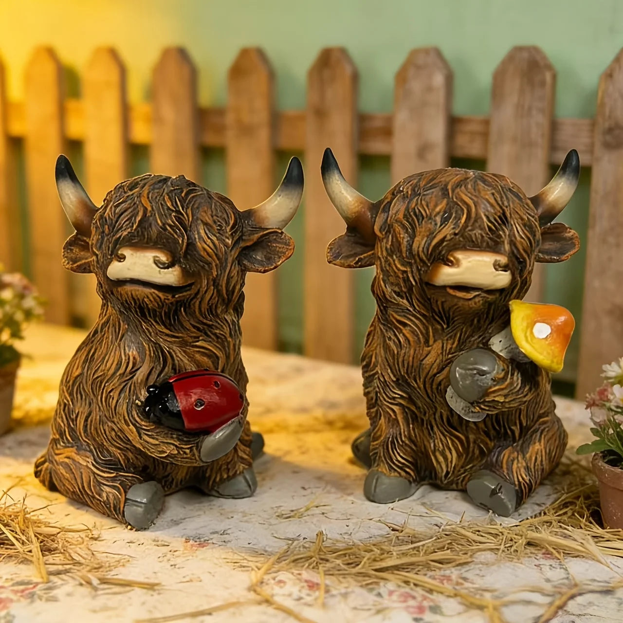 2Highland Cow Figurine Set，Cute Scottish Highland Cow Sculpture with Ladybug and Mushroom，Resin farm animal decorations