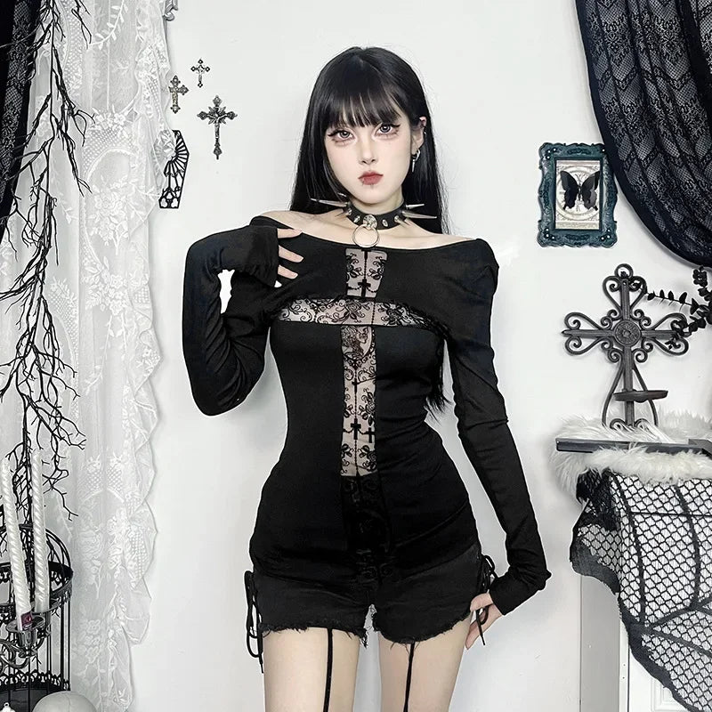 Gothic T-shirt for Women Sexy Hollow Out Mesh Cross Half Turtleneck Black Slim Soft Velvet Long Sleeve  Crop Tops