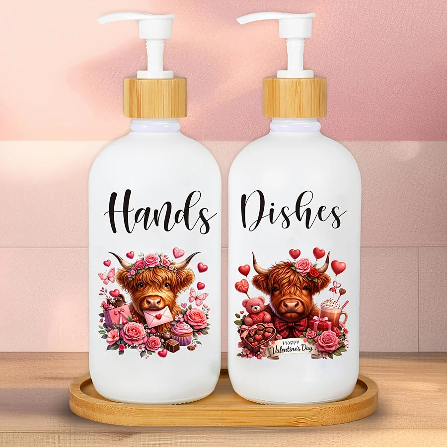 2Pcs Highland Cow Soap Dispenser withTray Farmhouse Cow Floral Plastic Dispenser with Pump Refillable Liquid Soap Container