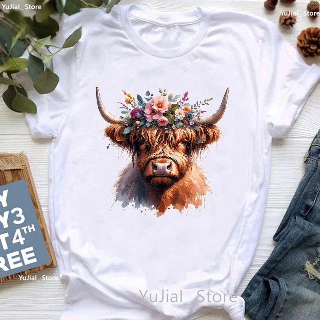Highland Cow Floral Crown Animal Printed T Shirt Women Clothes 2024 Summer Fashion Tops Tee Shirt Femme Harajuku Shirt