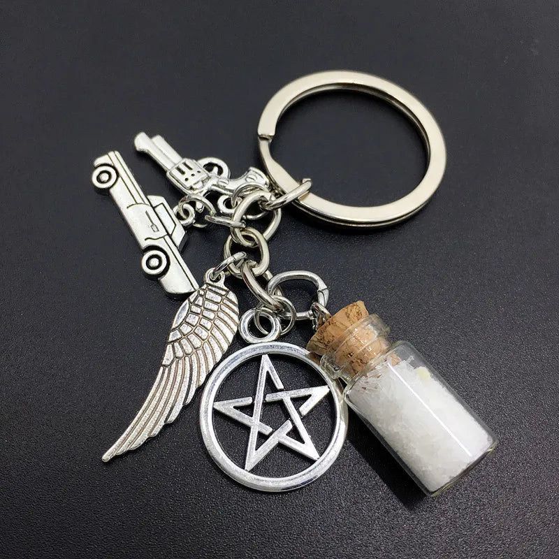Supernatural Evil Power SPN Salt Bottle Gun Wings Pentagram Key Chain