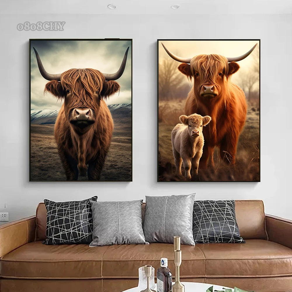 Cute Highland Cows Canvas Print Posters Nature Highland Cow Cattle Canvas Painting Wall Art Pictures for Living Room Home Decor