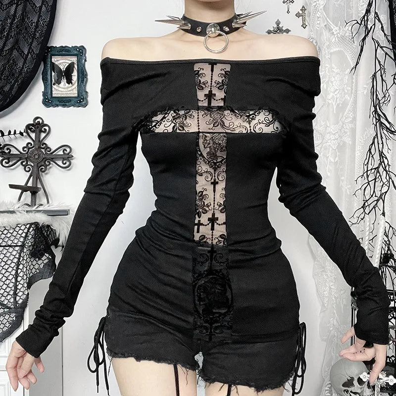 Gothic T-shirt for Women Sexy Hollow Out Mesh Cross Half Turtleneck Black Slim Soft Velvet Long Sleeve  Crop Tops
