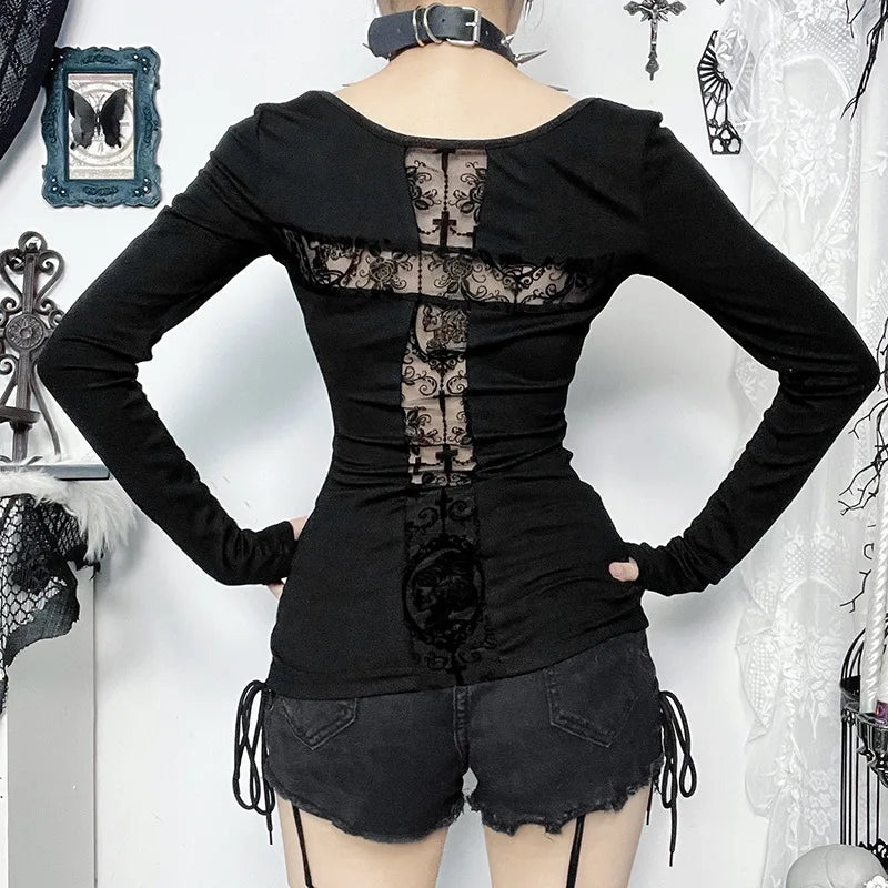 Gothic T-shirt for Women Sexy Hollow Out Mesh Cross Half Turtleneck Black Slim Soft Velvet Long Sleeve  Crop Tops