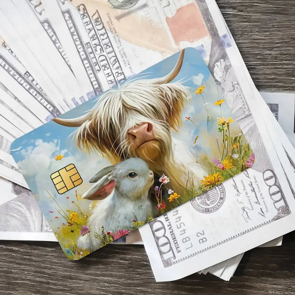 Cute Highland Cow Bank Credit Cards Bus Pass Stickers Cool Decoration Waterproof 4PCS Card