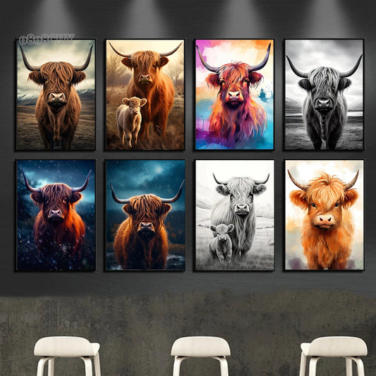 Cute Highland Cows Canvas Print Posters Nature Highland Cow Cattle Canvas Painting Wall Art Pictures for Living Room Home Decor