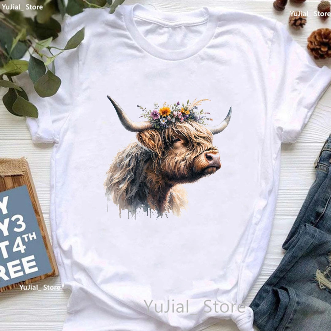 Highland Cow Floral Crown Animal Printed T Shirt Women Clothes 2024 Summer Fashion Tops Tee Shirt Femme Harajuku Shirt