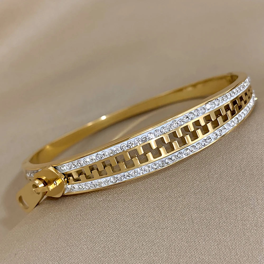 AENSOA Luxurious Zipper Style Stainless Steel Waterproof Rust Resistant Bracelets Inlaid Rhinestone Gold Plated Bracelet Bangles