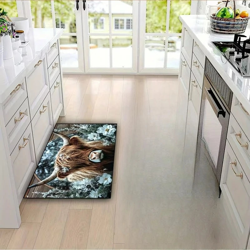 Highland Cows and Flowers Pattern Mat Non-Slip Kitchen Mat, Fashionable Home Decor for Living Rooms, Bedrooms, Hallway Entrances