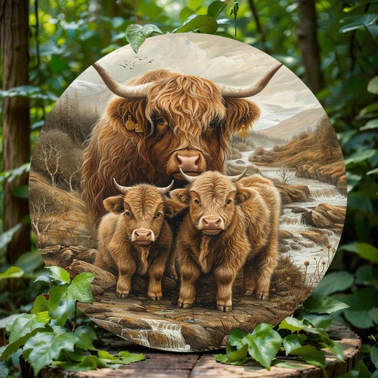 Highland Cow Family 2D Art Deco Wreath Sign, Round Metal Wall Decor, Ideal for Home, Apartment, Aluminum Artwork for Living Room