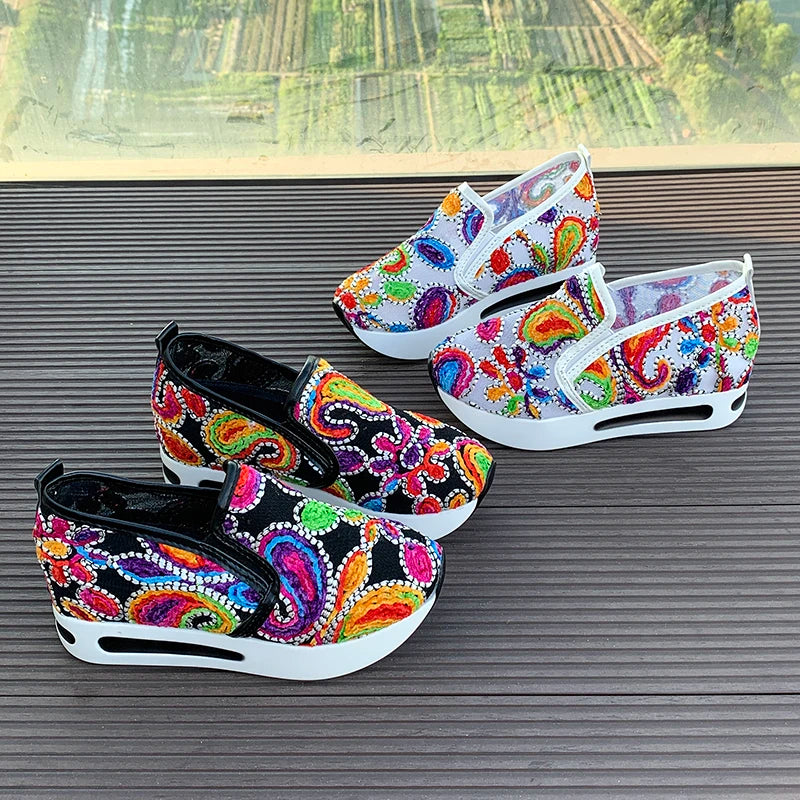 Rainbow Embroidered Platform Loafers for Women Summer Breathable Mesh Sneakers Woman Plus Size Lightweight Slip On Casual Shoes
