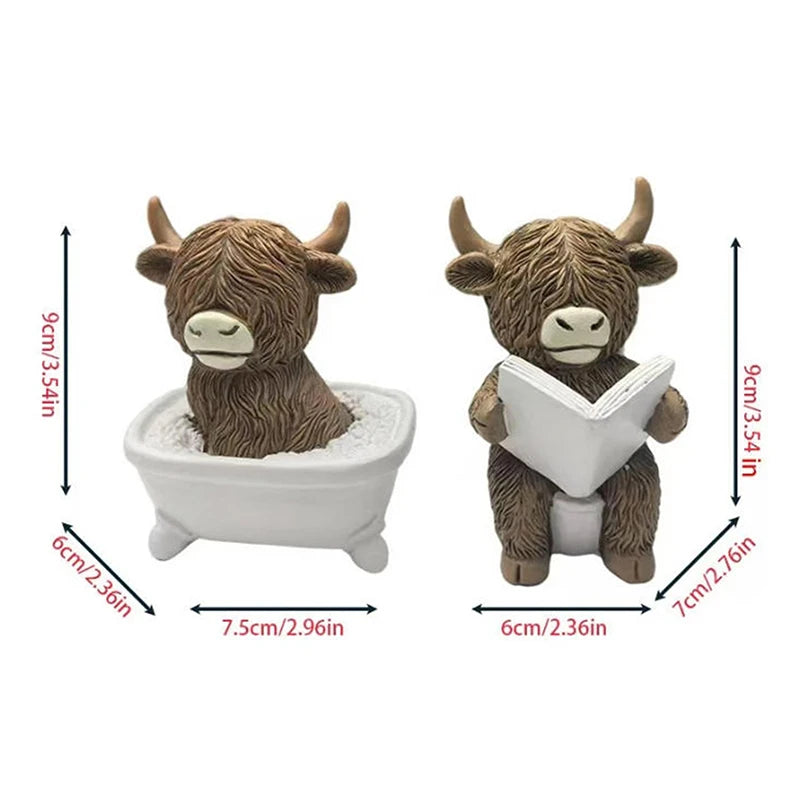 Cute Scottish Highland Cow Resin Figurines Funny Bathing & Reading Cow Statue Desk Decor For Home Bathroom Office Holiday Gift