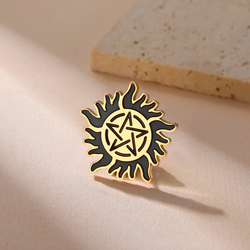 Dawapara Supernatural Anti Possession Symbol Brooch Pins Sunshine Pentagram Protection Amulet Stainless Steel Jewelry