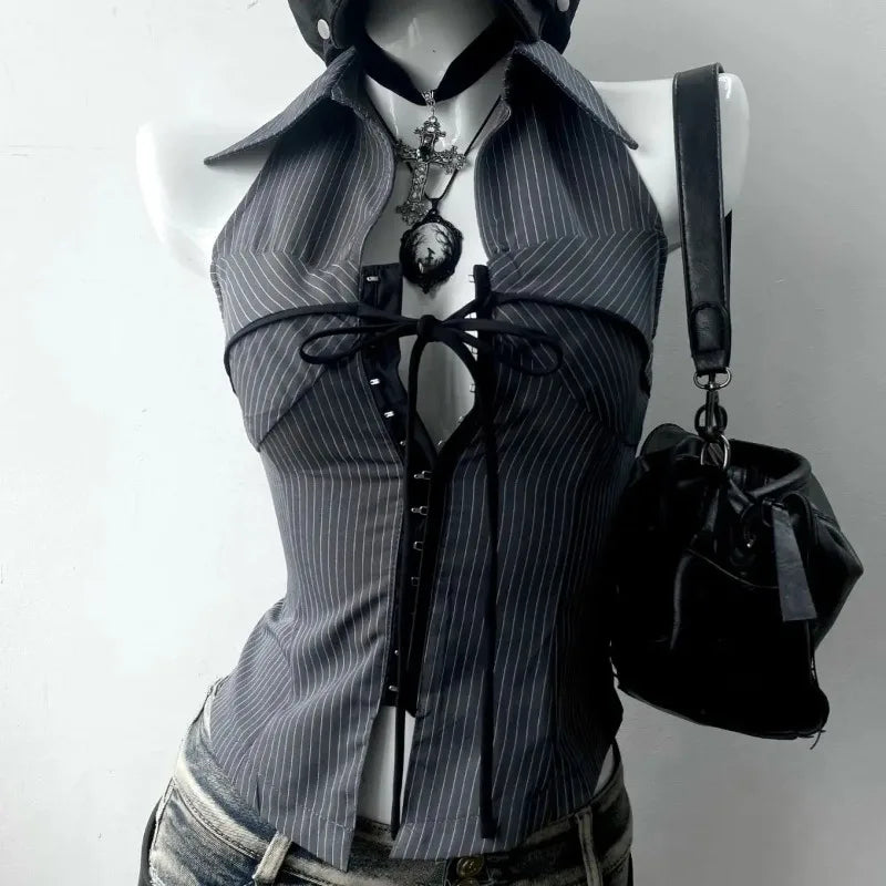 Women Vintage T-shirt Streetwear 90s Slim Sexy Goth Y2k Clothes Aesthetic Harajuku High Street Stripe Laceup Summer Grunge Tee